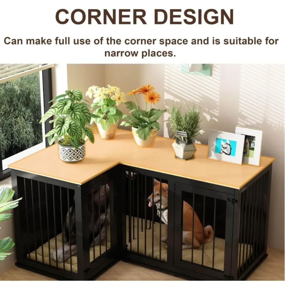 Wooden Furniture Style Heavy Duty Large Dog Kennel House,with Double Rooms,Corner Dog Crate Furniture for 2 Dogs