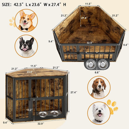 42.5 Inch Wooden Corner Dog Crate Furniture for Small Dogs Indoor Pet Kennel with Rotating Feeding Door Metal Bars Double Door Lockable Dog Cage End Table Side Table for Living Room Bedroom
