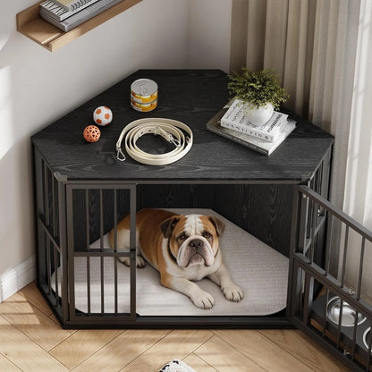 42.5 Inch Wooden Corner Dog Crate Furniture for Small Dogs Indoor Pet Kennel with Rotating Feeding Door Metal Bars Double Door Lockable Dog Cage End Table Side Table for Living Room Bedroom