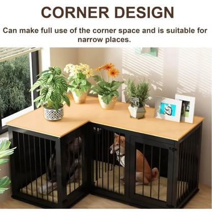 Wooden Furniture Style Heavy Duty Large Dog Kennel House,with Double Rooms,Corner Dog Crate Furniture for 2 Dogs