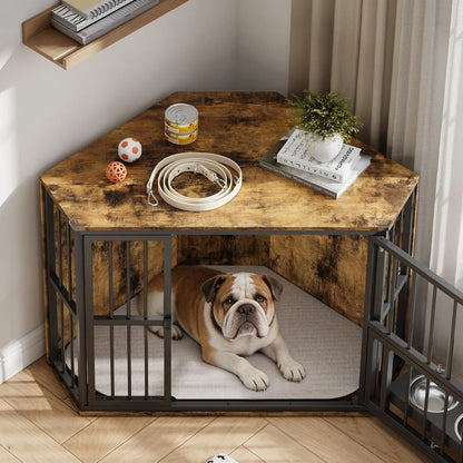 42.5 Inch Wooden Corner Dog Crate Furniture for Small Dogs Indoor Pet Kennel with Rotating Feeding Door Metal Bars Double Door Lockable Dog Cage End Table Side Table for Living Room Bedroom