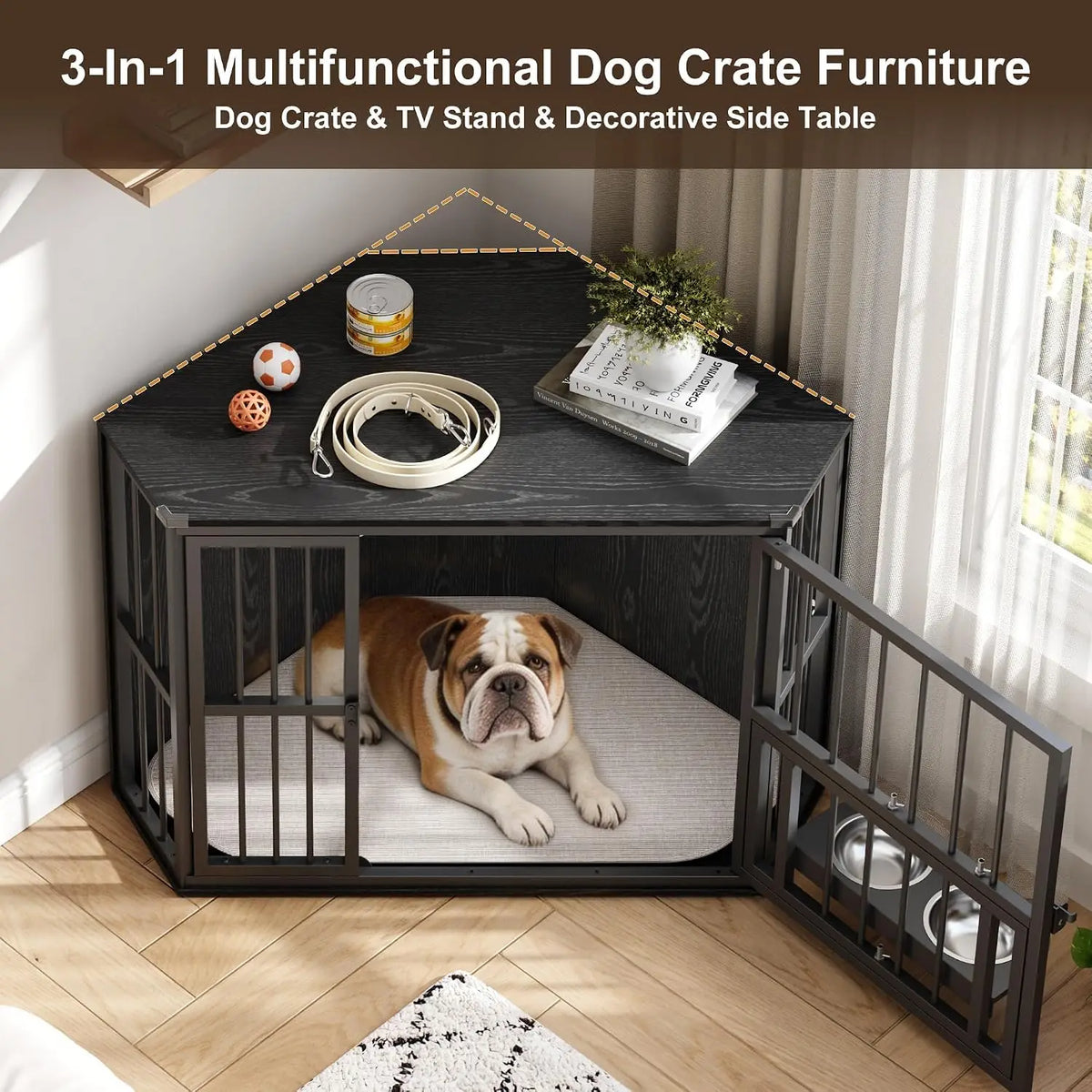 42.5 Inch Wooden Corner Dog Crate Furniture for Small Dogs Indoor Pet Kennel with Rotating Feeding Door Metal Bars Double Door Lockable Dog Cage End Table Side Table for Living Room Bedroom