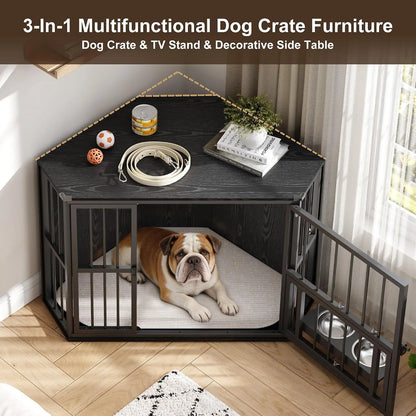 42.5 Inch Wooden Corner Dog Crate Furniture for Small Dogs Indoor Pet Kennel with Rotating Feeding Door Metal Bars Double Door Lockable Dog Cage End Table Side Table for Living Room Bedroom