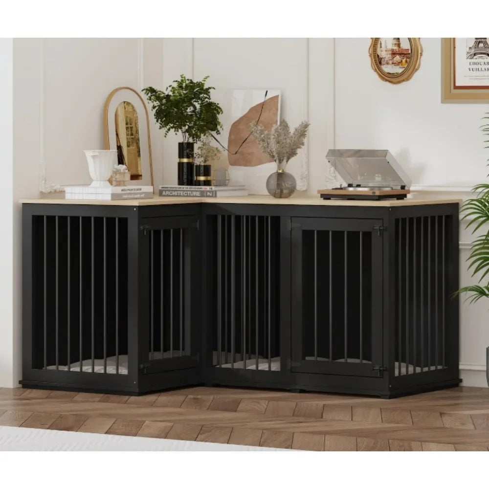 Wooden Furniture Style Heavy Duty Large Dog Kennel House,with Double Rooms,Corner Dog Crate Furniture for 2 Dogs