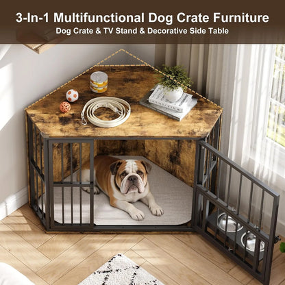 42.5 Inch Wooden Corner Dog Crate Furniture for Small Dogs Indoor Pet Kennel with Rotating Feeding Door Metal Bars Double Door Lockable Dog Cage End Table Side Table for Living Room Bedroom