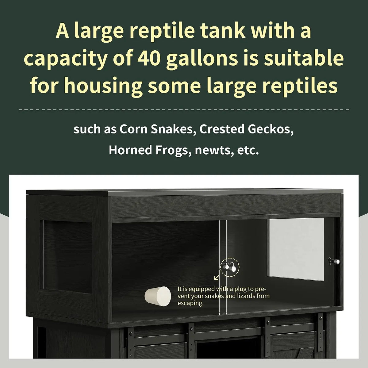 40 Gallon Reptile Terrarium with Stand, Reptile Tank with Barn Door and Storage, Vivarium with Acrylic Doors, Ventilated Mesh