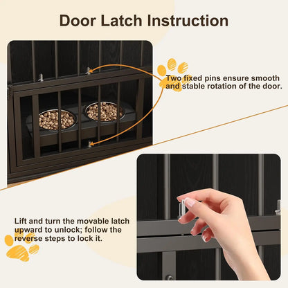 42.5 Inch Wooden Corner Dog Crate Furniture for Small Dogs Indoor Pet Kennel with Rotating Feeding Door Metal Bars Double Door Lockable Dog Cage End Table Side Table for Living Room Bedroom
