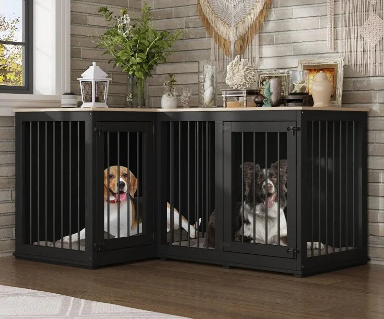 Wooden Furniture Style Heavy Duty Large Dog Kennel House,with Double Rooms,Corner Dog Crate Furniture for 2 Dogs