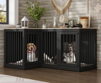 Wooden Furniture Style Heavy Duty Large Dog Kennel House,with Double Rooms,Corner Dog Crate Furniture for 2 Dogs