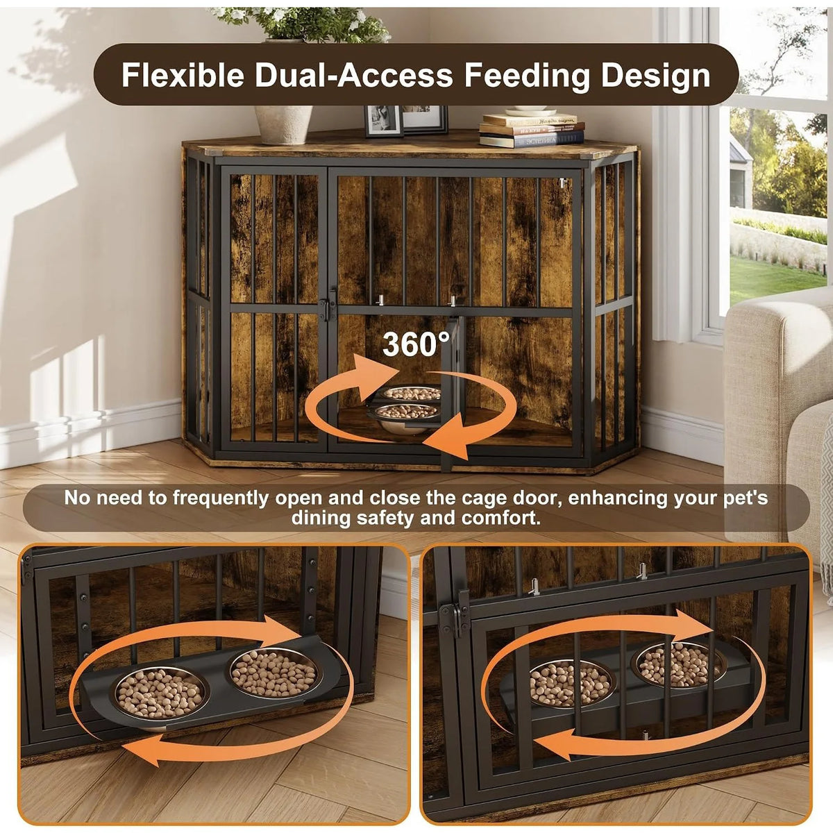 42.5 Inch Wooden Corner Dog Crate Furniture for Small Dogs Indoor Pet Kennel with Rotating Feeding Door Metal Bars Double Door Lockable Dog Cage End Table Side Table for Living Room Bedroom