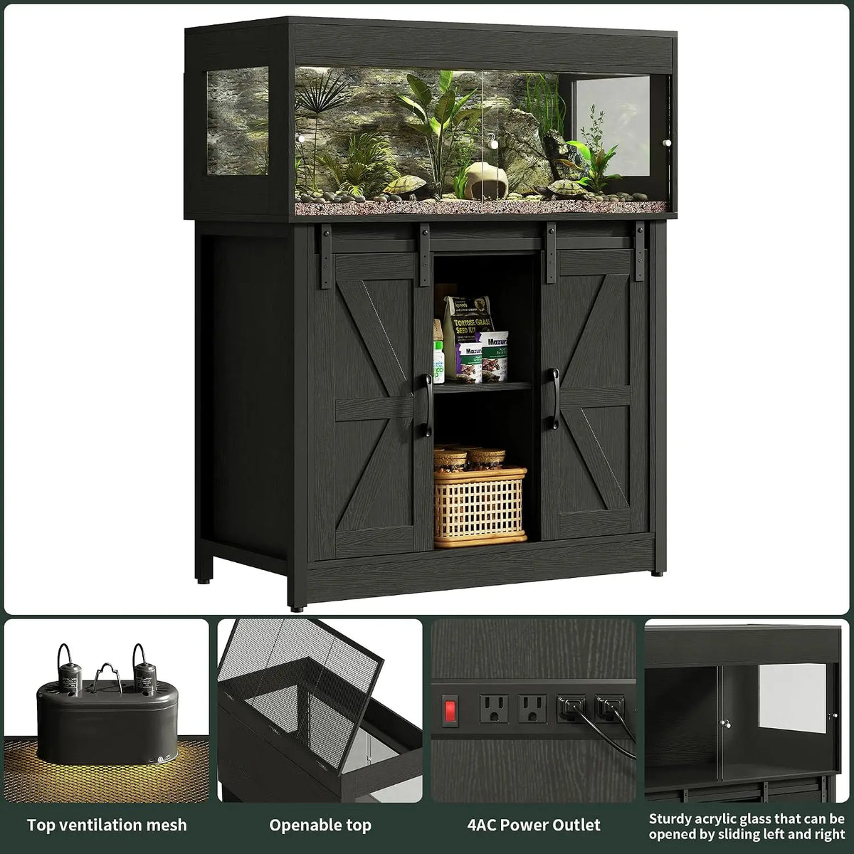 40 Gallon Reptile Terrarium with Stand, Reptile Tank with Barn Door and Storage, Vivarium with Acrylic Doors, Ventilated Mesh