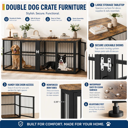 87 Inch Extra Large Double Dog Crate Furniture with Divider 3 Doors Heavy Duty Wooden Indoor Dog Kennel Cabinet TV Stand for 2 Dogs Lockable Pet House with Storage Table