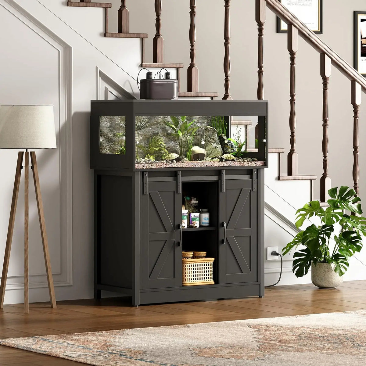 40 Gallon Reptile Terrarium with Stand, Reptile Tank with Barn Door and Storage, Vivarium with Acrylic Doors, Ventilated Mesh