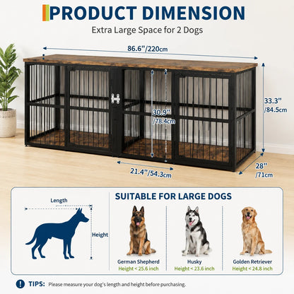 87 Inch Extra Large Double Dog Crate Furniture with Divider 3 Doors Heavy Duty Wooden Indoor Dog Kennel Cabinet TV Stand for 2 Dogs Lockable Pet House with Storage Table