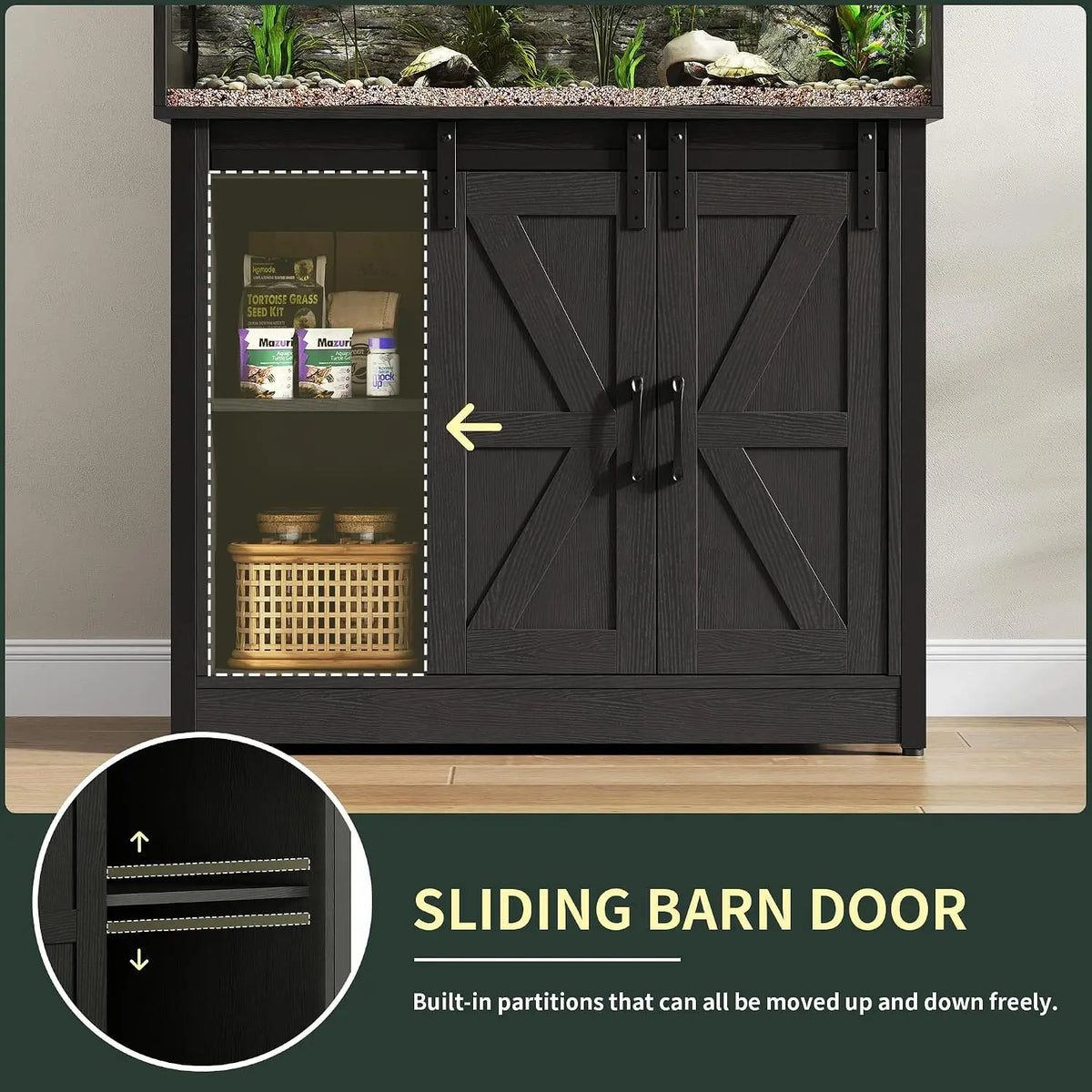 40 Gallon Reptile Terrarium with Stand, Reptile Tank with Barn Door and Storage, Vivarium with Acrylic Doors, Ventilated Mesh
