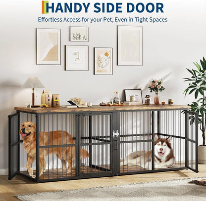 87 Inch Extra Large Double Dog Crate Furniture with Divider 3 Doors Heavy Duty Wooden Indoor Dog Kennel Cabinet TV Stand for 2 Dogs Lockable Pet House with Storage Table