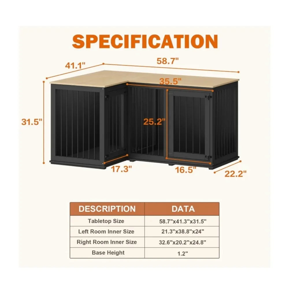 Wooden Furniture Style Heavy Duty Large Dog Kennel House,with Double Rooms,Corner Dog Crate Furniture for 2 Dogs