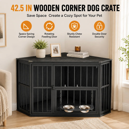 42.5 Inch Wooden Corner Dog Crate Furniture for Small Dogs Indoor Pet Kennel with Rotating Feeding Door Metal Bars Double Door Lockable Dog Cage End Table Side Table for Living Room Bedroom